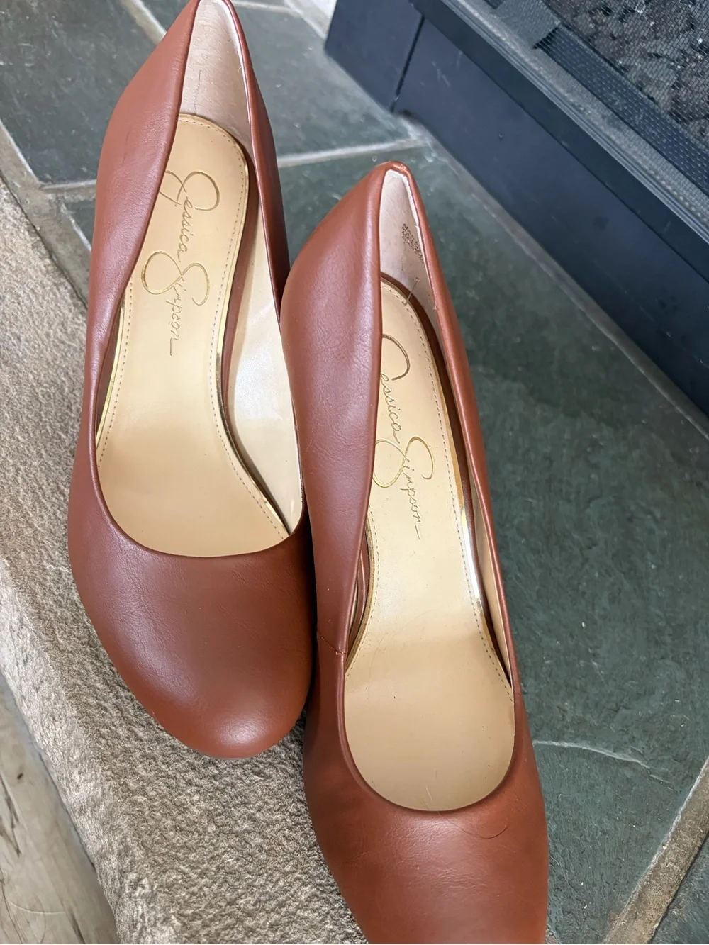 Jessica Simpson Tan Brown Leather Wedge Pumps